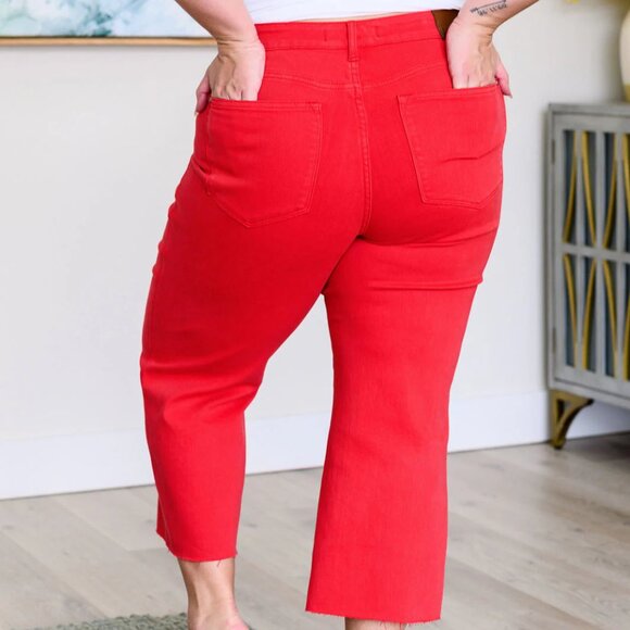 LISA HIGH RISE CONTROL TOP WIDE LEG CROP JEANS IN RED - Picture 4 of 9